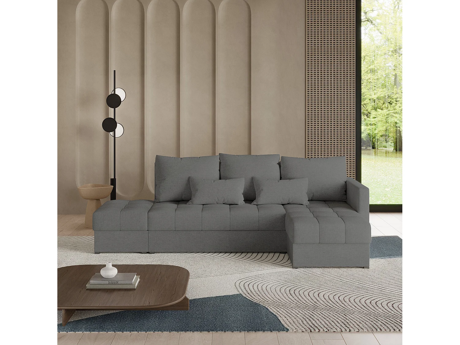 Canapé d'angle LUMARI en velours avec fonction couchage Gris
