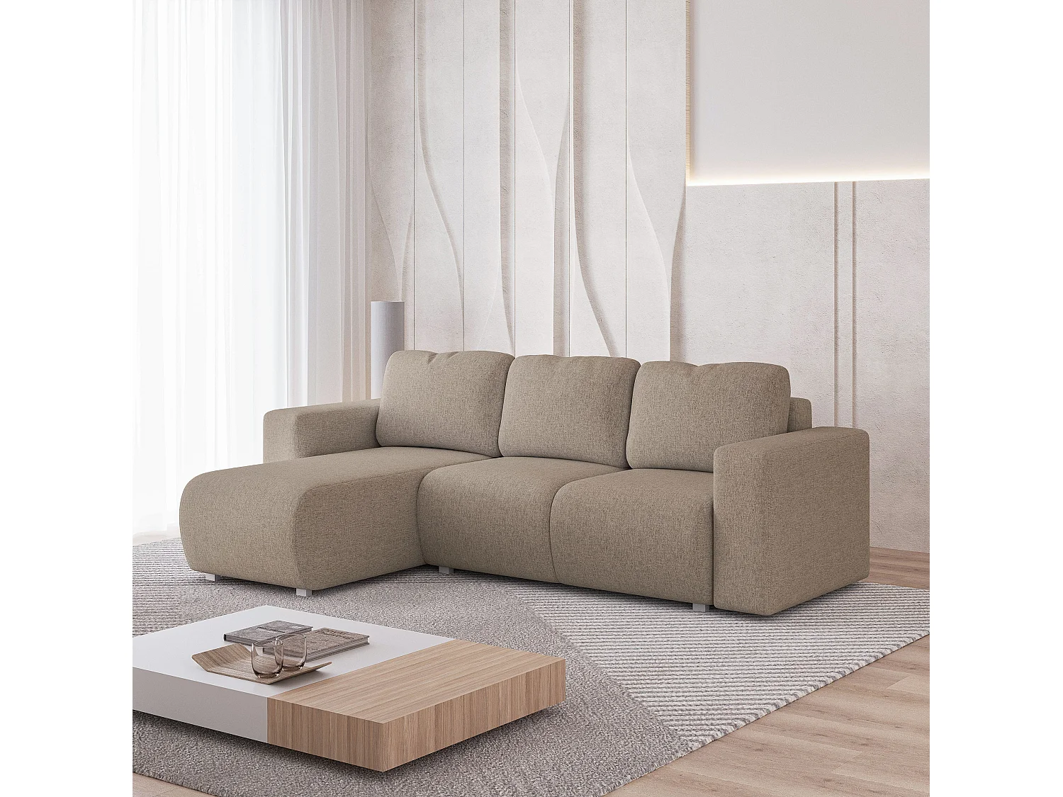 Canapé d'angle RINOVA en velours avec fonction couchage Beige
