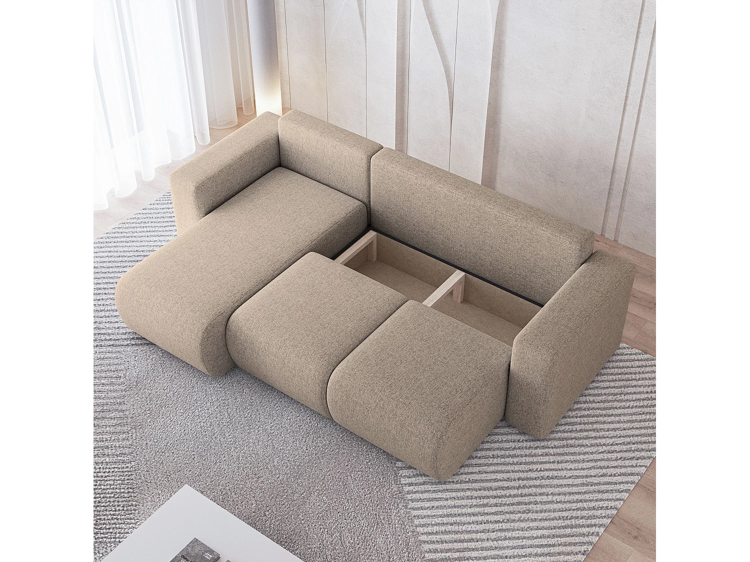 Canapé d'angle RINOVA en velours avec fonction couchage Beige