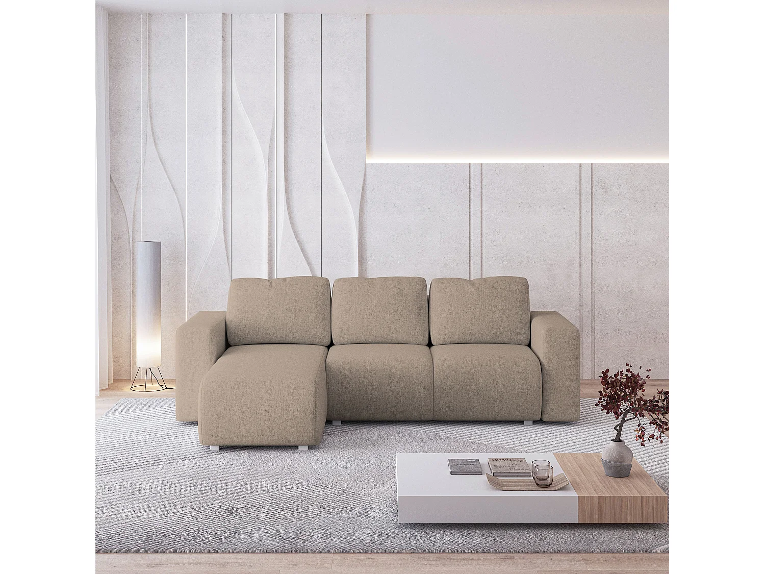 Canapé d'angle RINOVA en velours avec fonction couchage Beige
