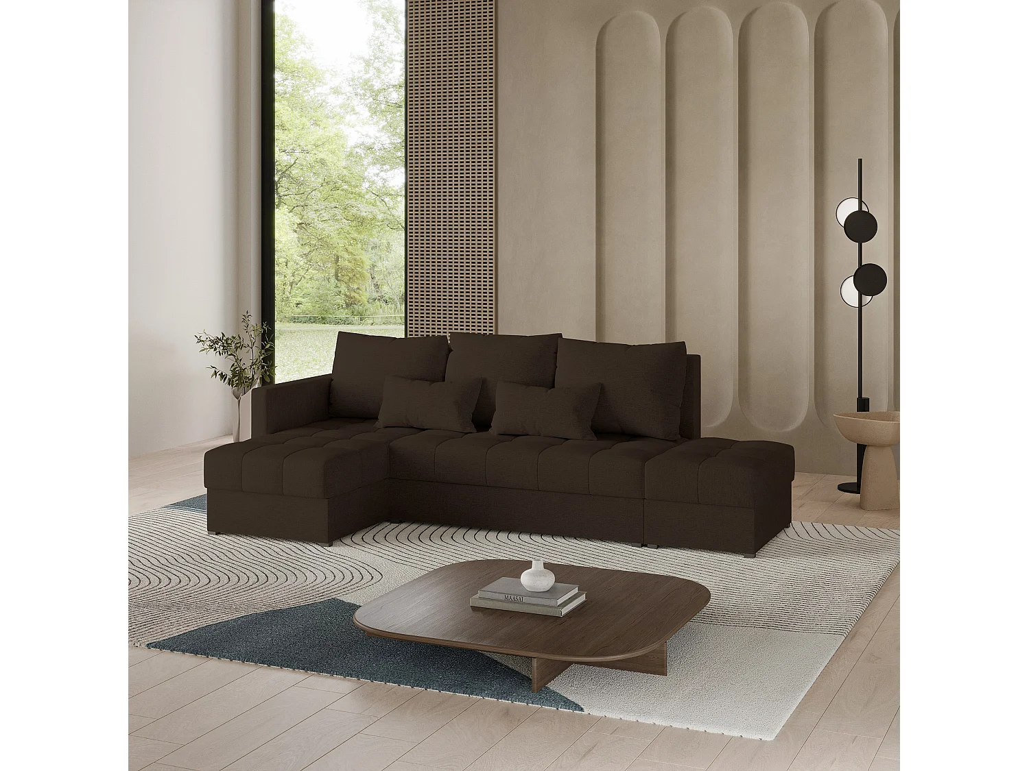 Canapé d'angle LUMARI, avec fonction de couchage, tissu texturé Marron