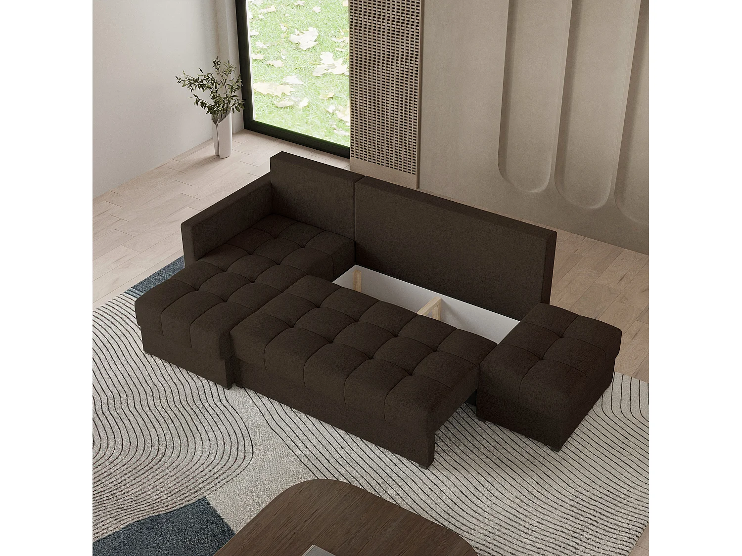 Canapé d'angle LUMARI, avec fonction de couchage, tissu texturé Marron