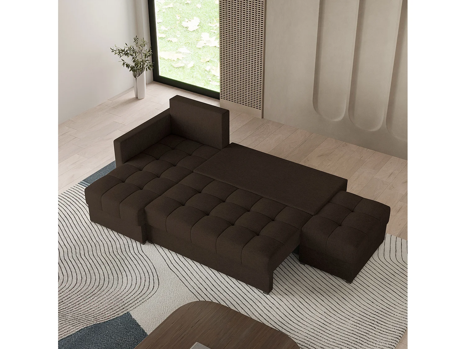 Canapé d'angle LUMARI, avec fonction de couchage, tissu texturé Marron