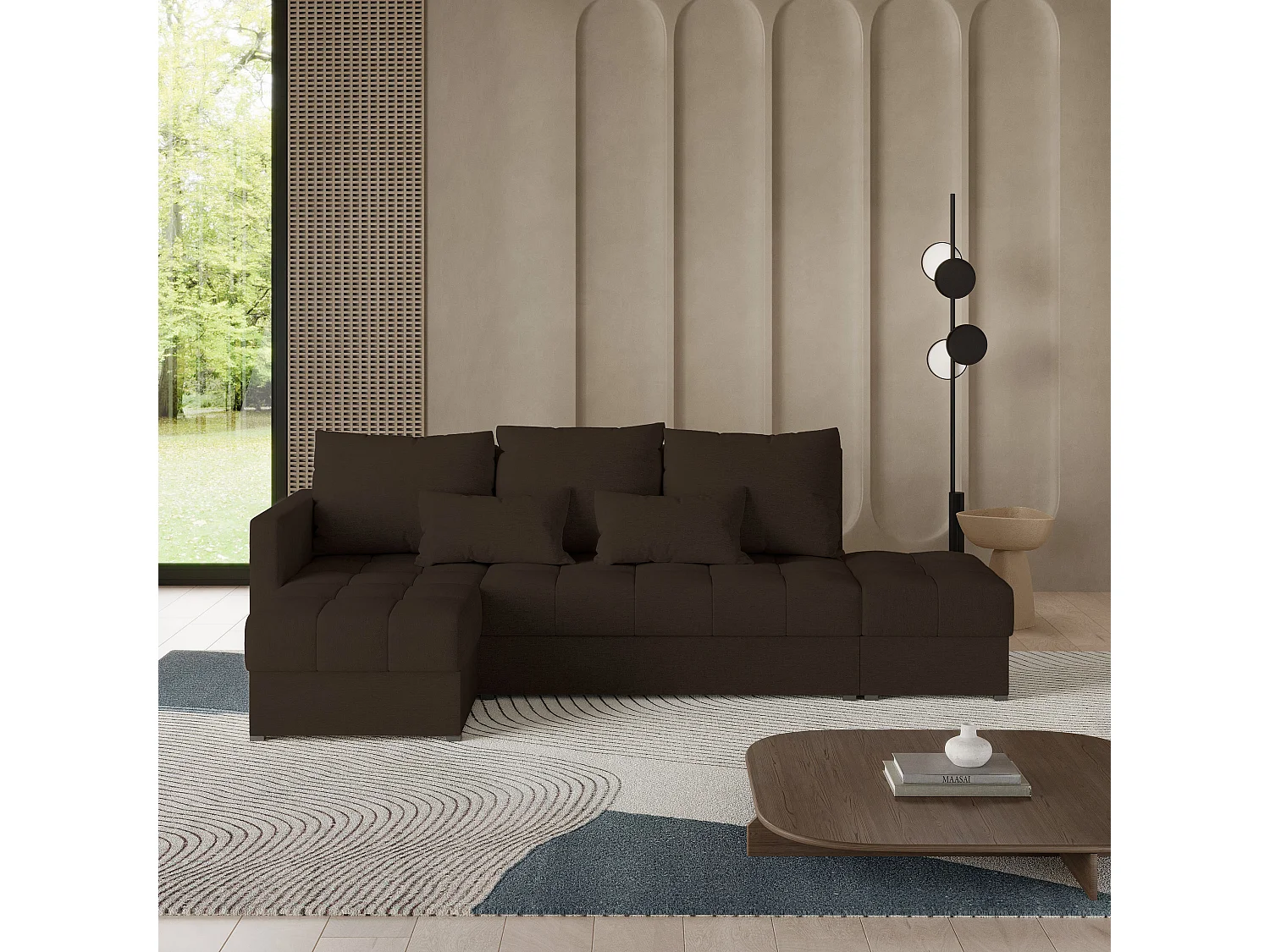 Canapé d'angle LUMARI, avec fonction de couchage, tissu texturé Marron