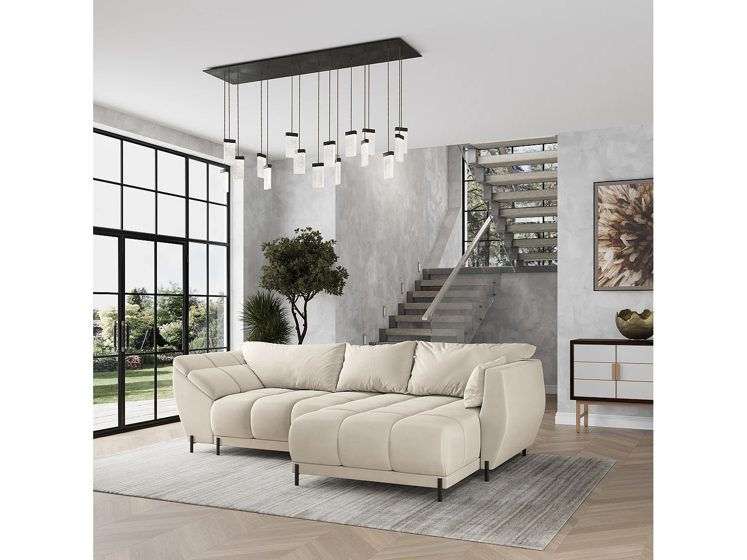 Canapé d'angle VESTANO en velours avec fonction couchage Crème