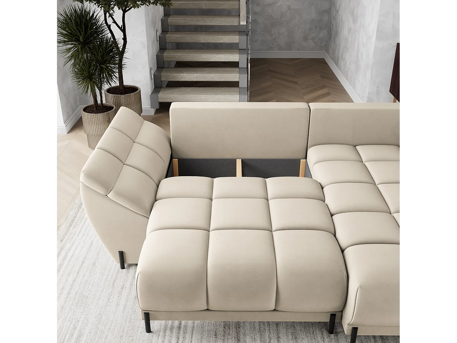 Canapé d'angle VESTANO en velours avec fonction couchage Crème