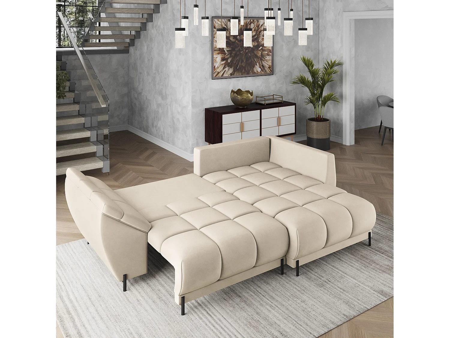 Canapé d'angle VESTANO en velours avec fonction couchage Crème