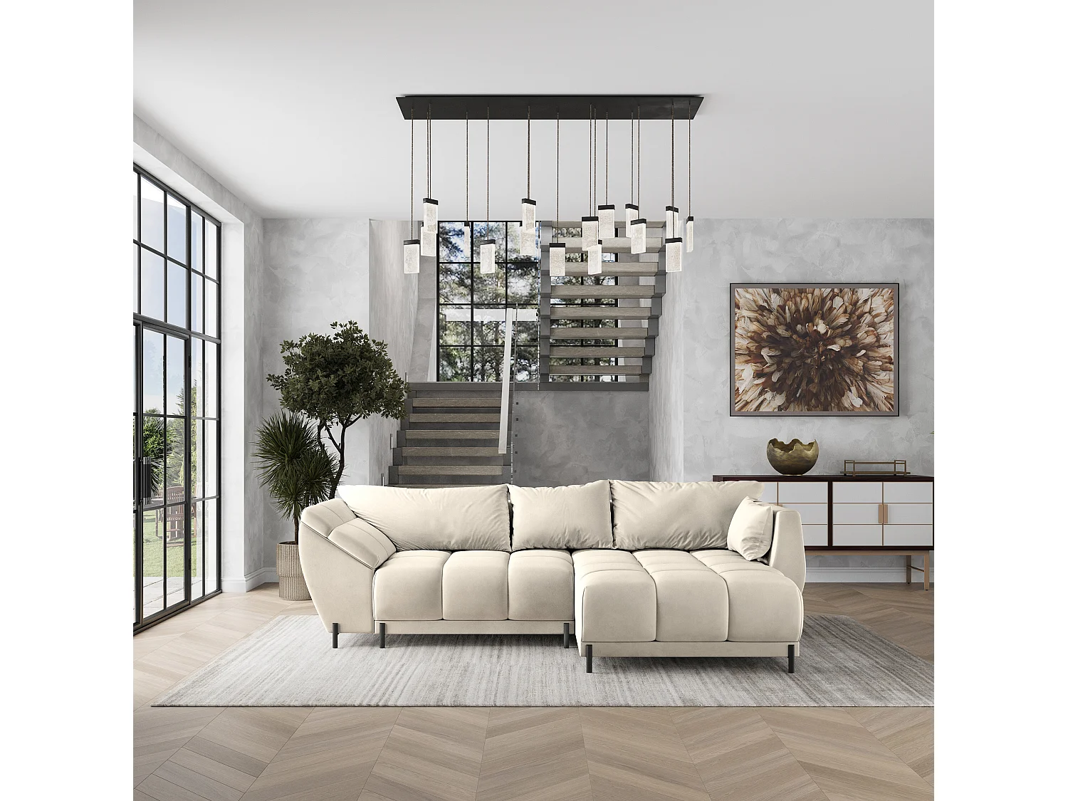Canapé d'angle VESTANO en velours avec fonction couchage Crème