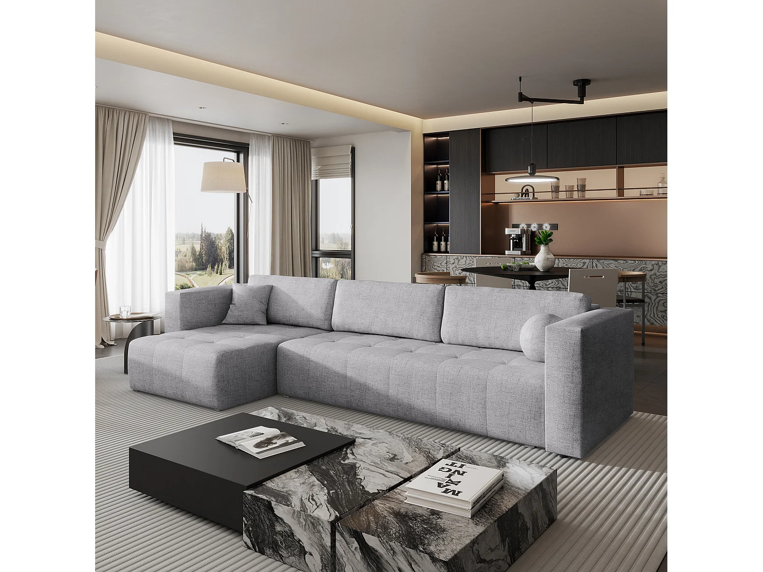 Canapé d'angle OLVERA en velours avec fonction couchage Gris clair