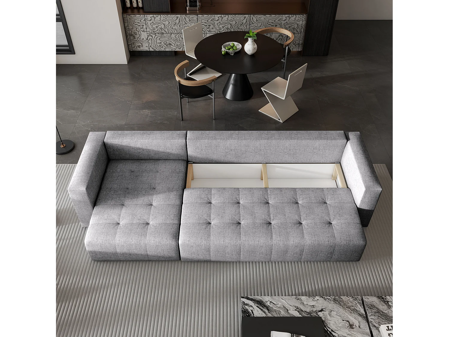 Canapé d'angle OLVERA en velours avec fonction couchage Gris clair