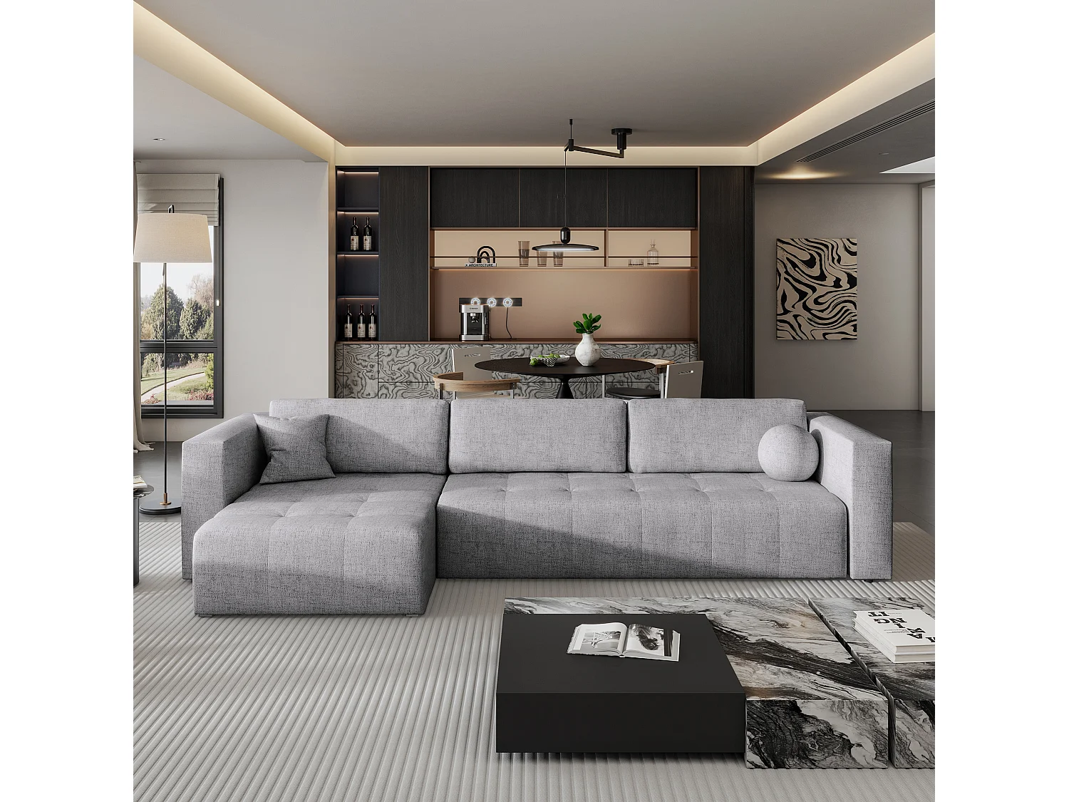 Canapé d'angle OLVERA en velours avec fonction couchage Gris clair