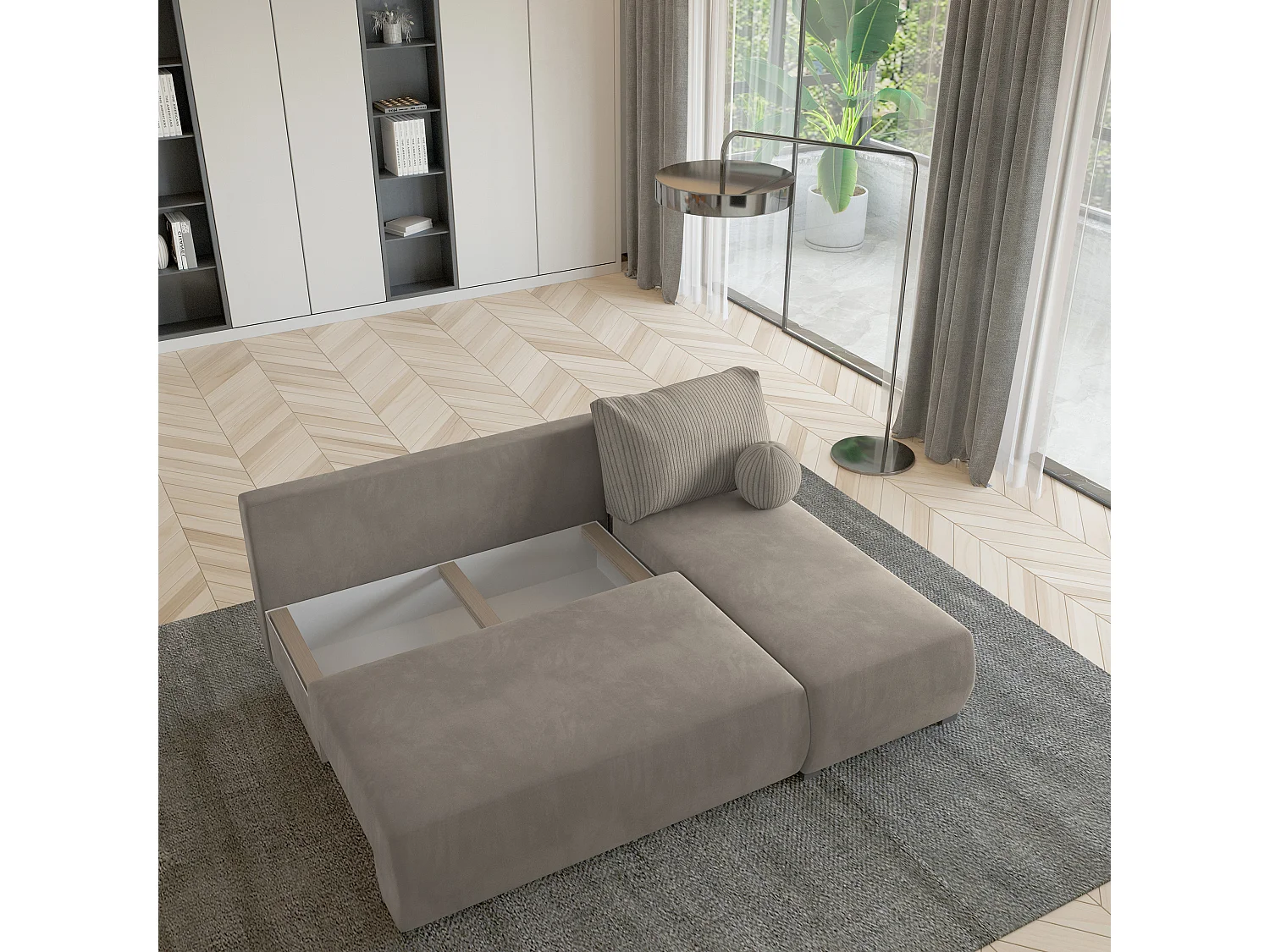 Hoekbank PARVELO van fluweel met slaapfunctie Beige
