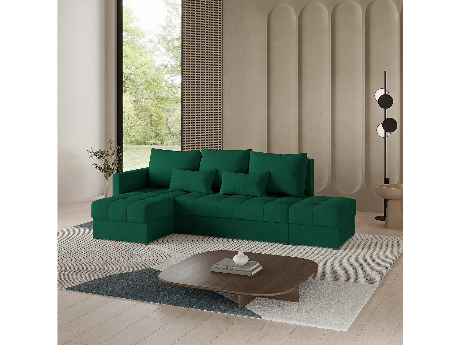 Canapé d'angle LUMARI en velours avec fonction couchage Vert