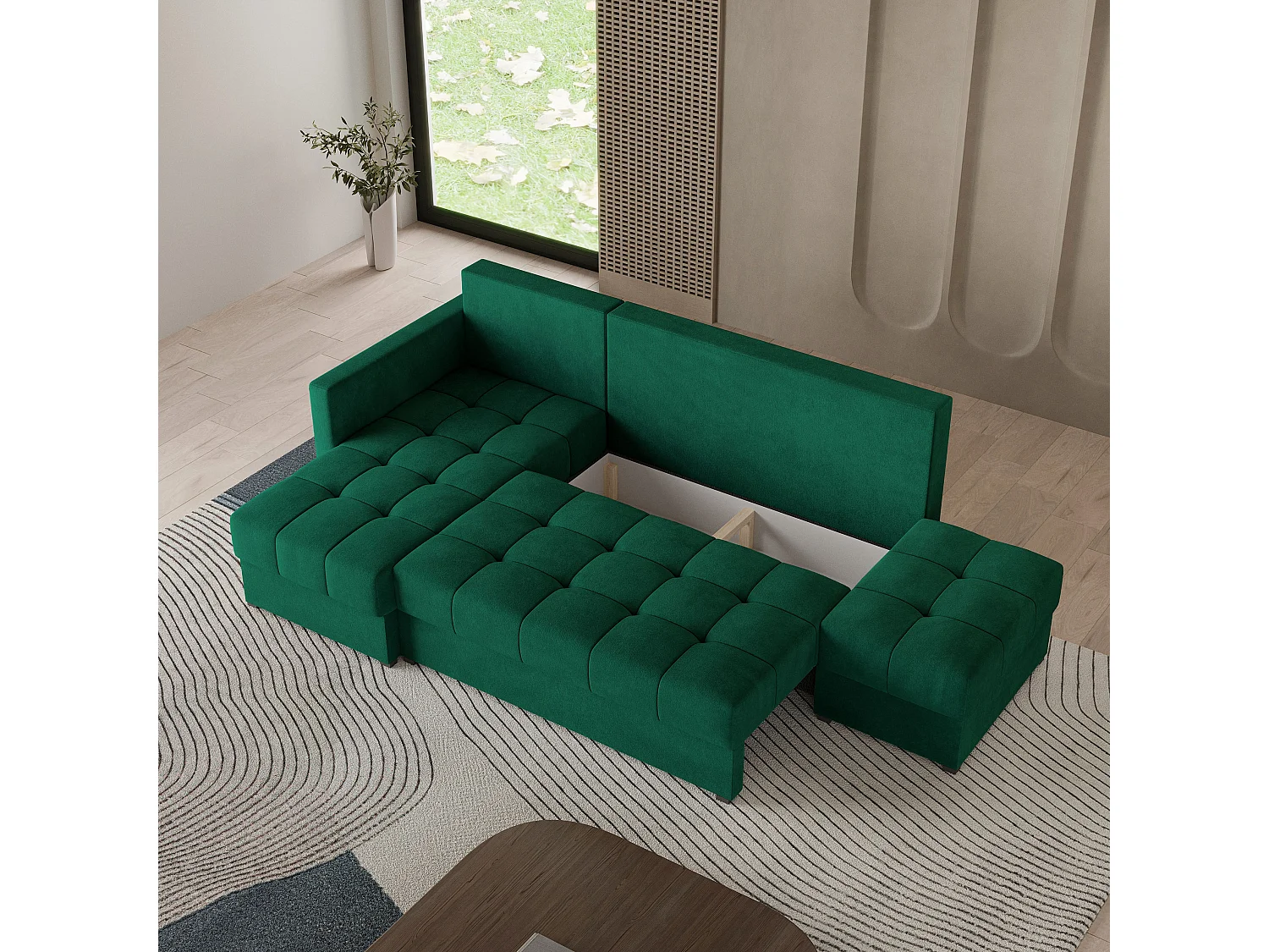 Canapé d'angle LUMARI en velours avec fonction couchage Vert