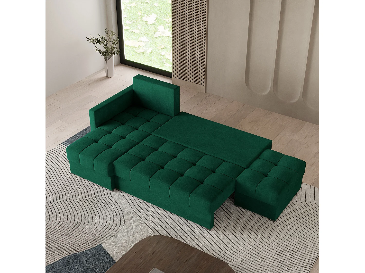 Canapé d'angle LUMARI en velours avec fonction couchage Vert