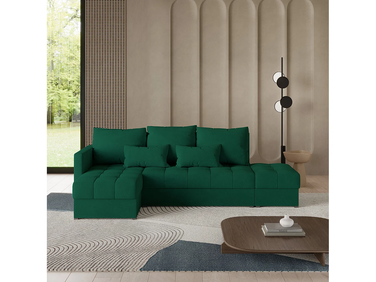 Canapé d'angle LUMARI en velours avec fonction couchage Vert