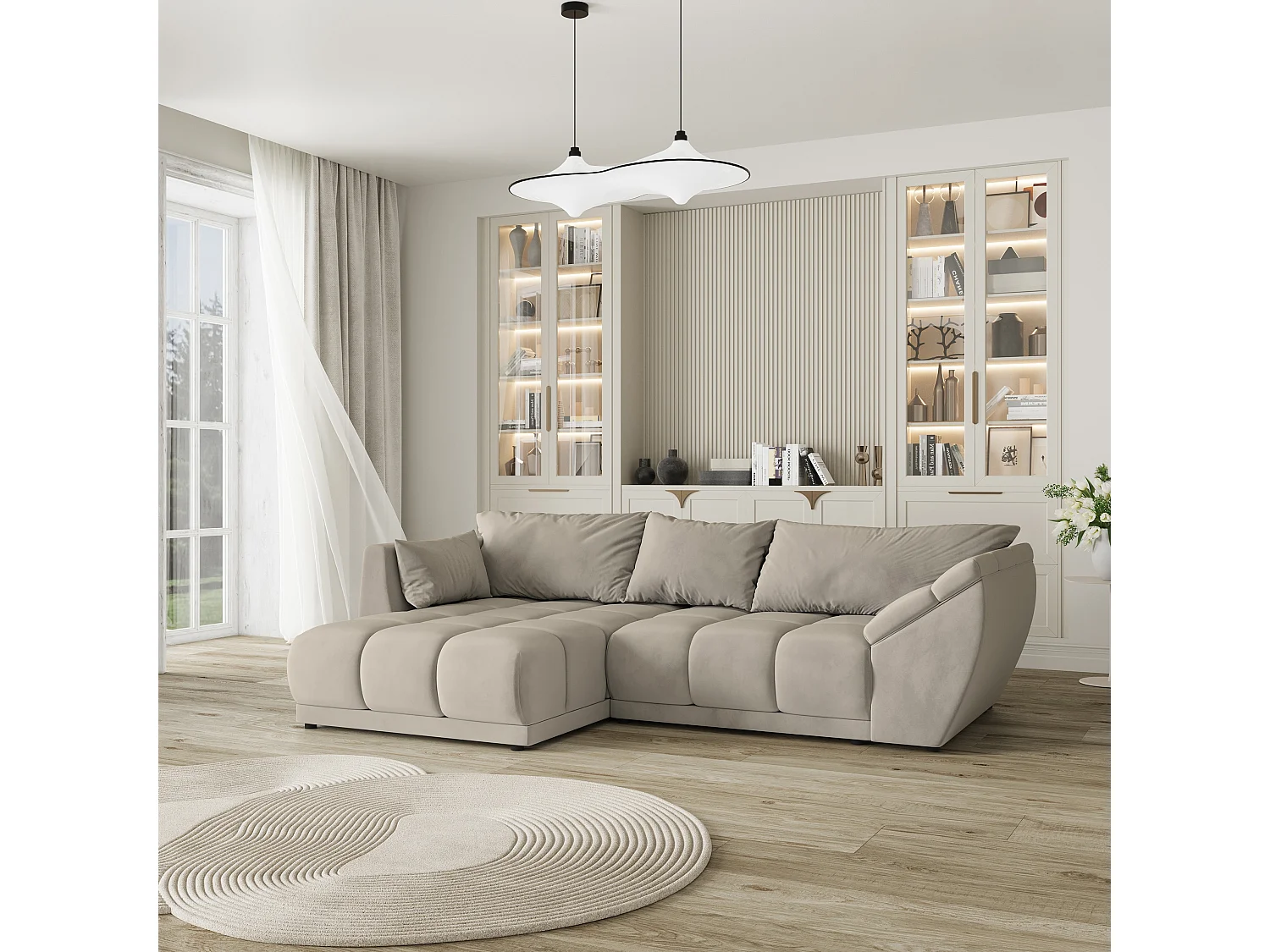 Hoekbank ORENTI van fluweel met slaapfunctie Beige