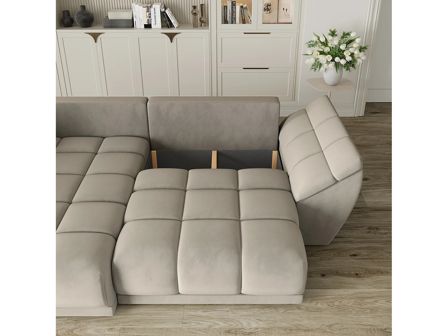 Hoekbank ORENTI van fluweel met slaapfunctie Beige