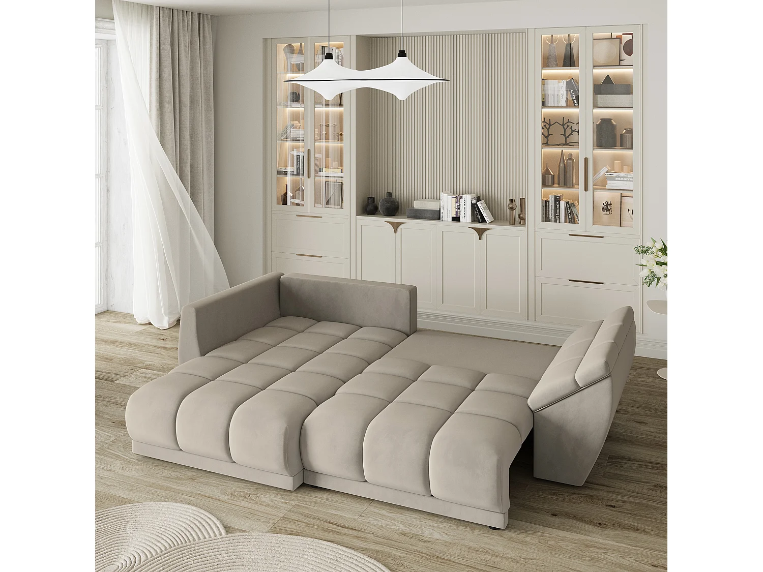 Hoekbank ORENTI van fluweel met slaapfunctie Beige