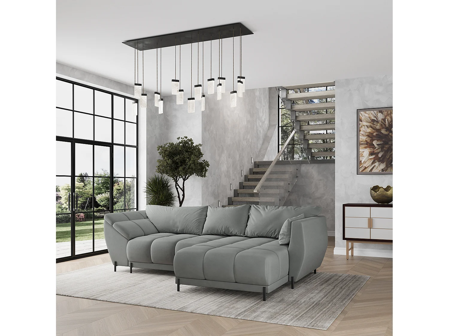 Canapé d'angle VESTANO en velours avec fonction couchage Gris