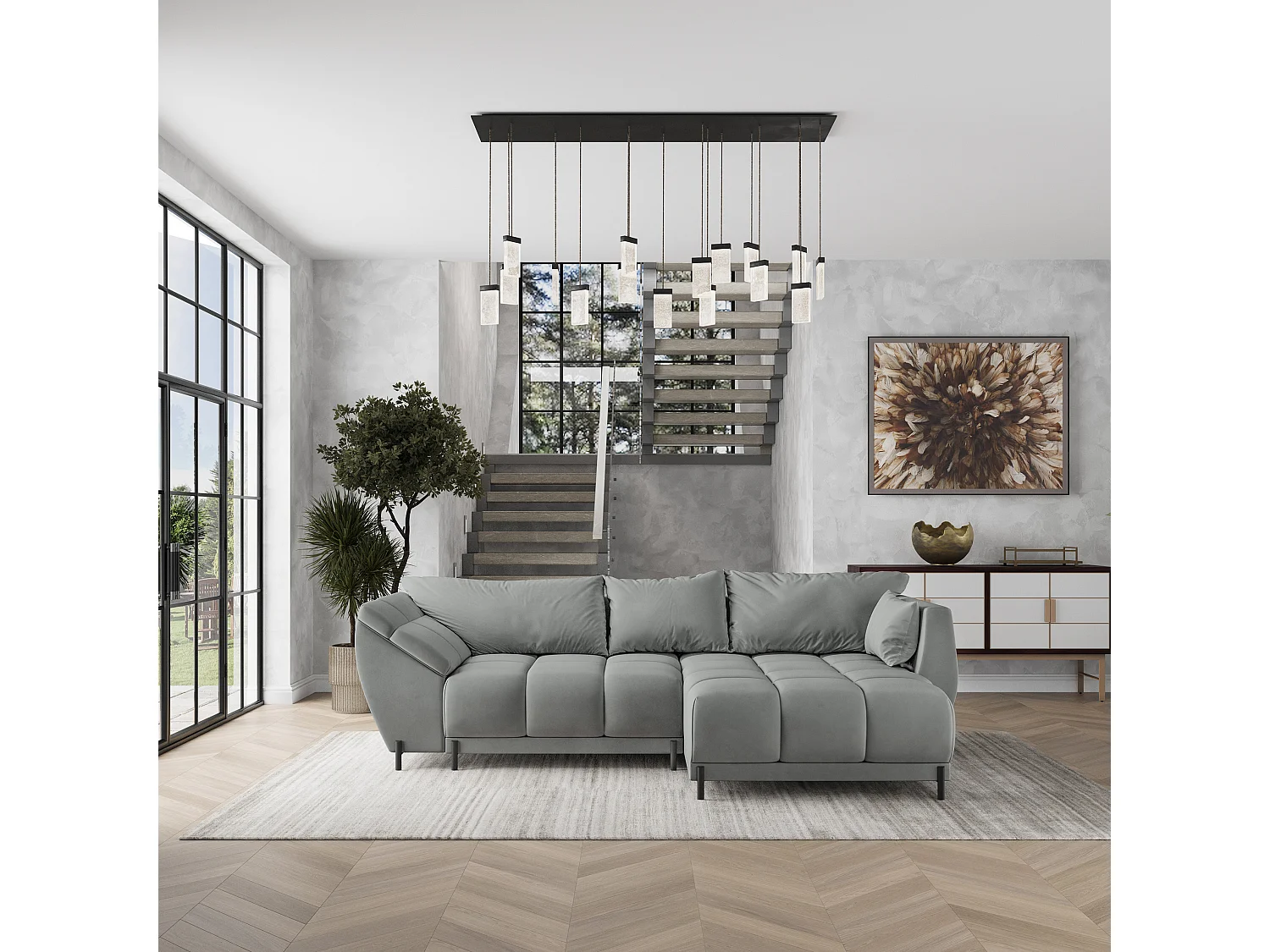 Canapé d'angle VESTANO en velours avec fonction couchage Gris