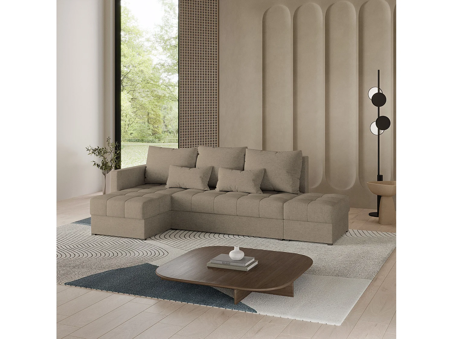 Canapé d'angle LUMARI en velours avec fonction couchage Marron