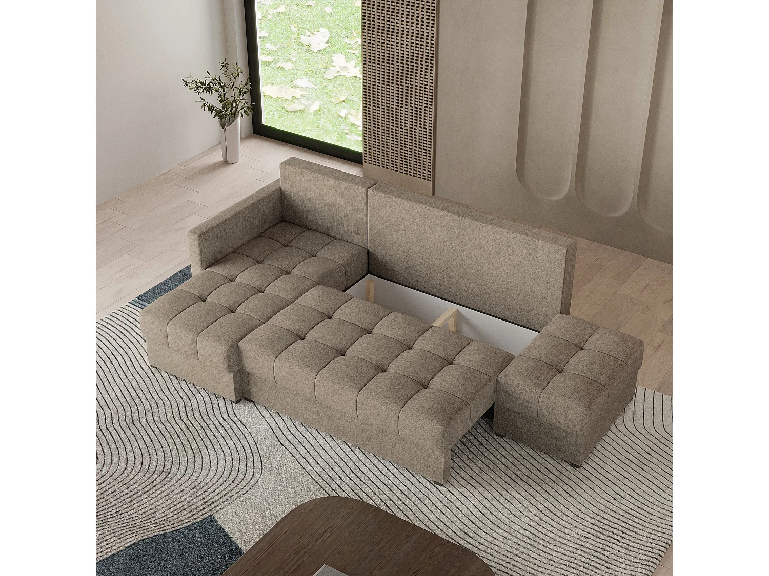 Canapé d'angle LUMARI en velours avec fonction couchage Marron