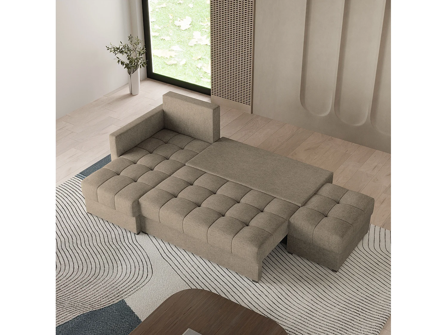 Canapé d'angle LUMARI en velours avec fonction couchage Marron