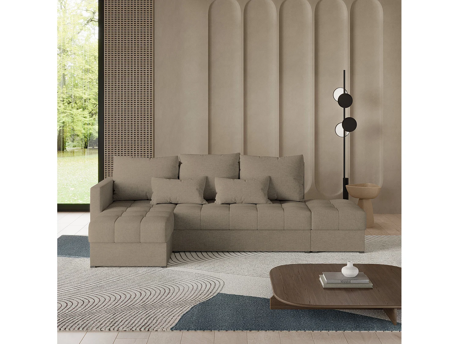 Canapé d'angle LUMARI en velours avec fonction couchage Marron