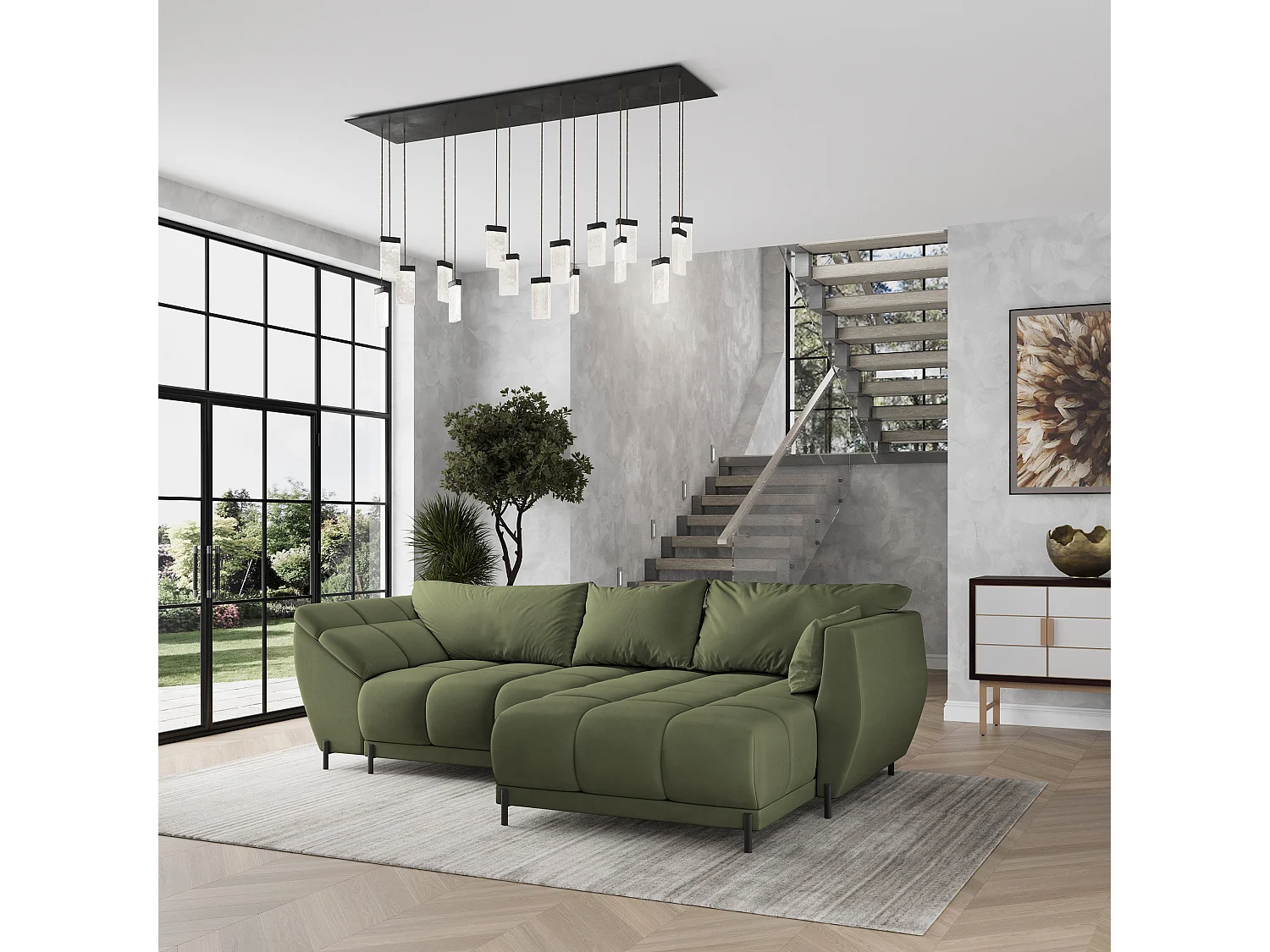 Canapé d'angle VESTANO en velours avec fonction couchage Vert
