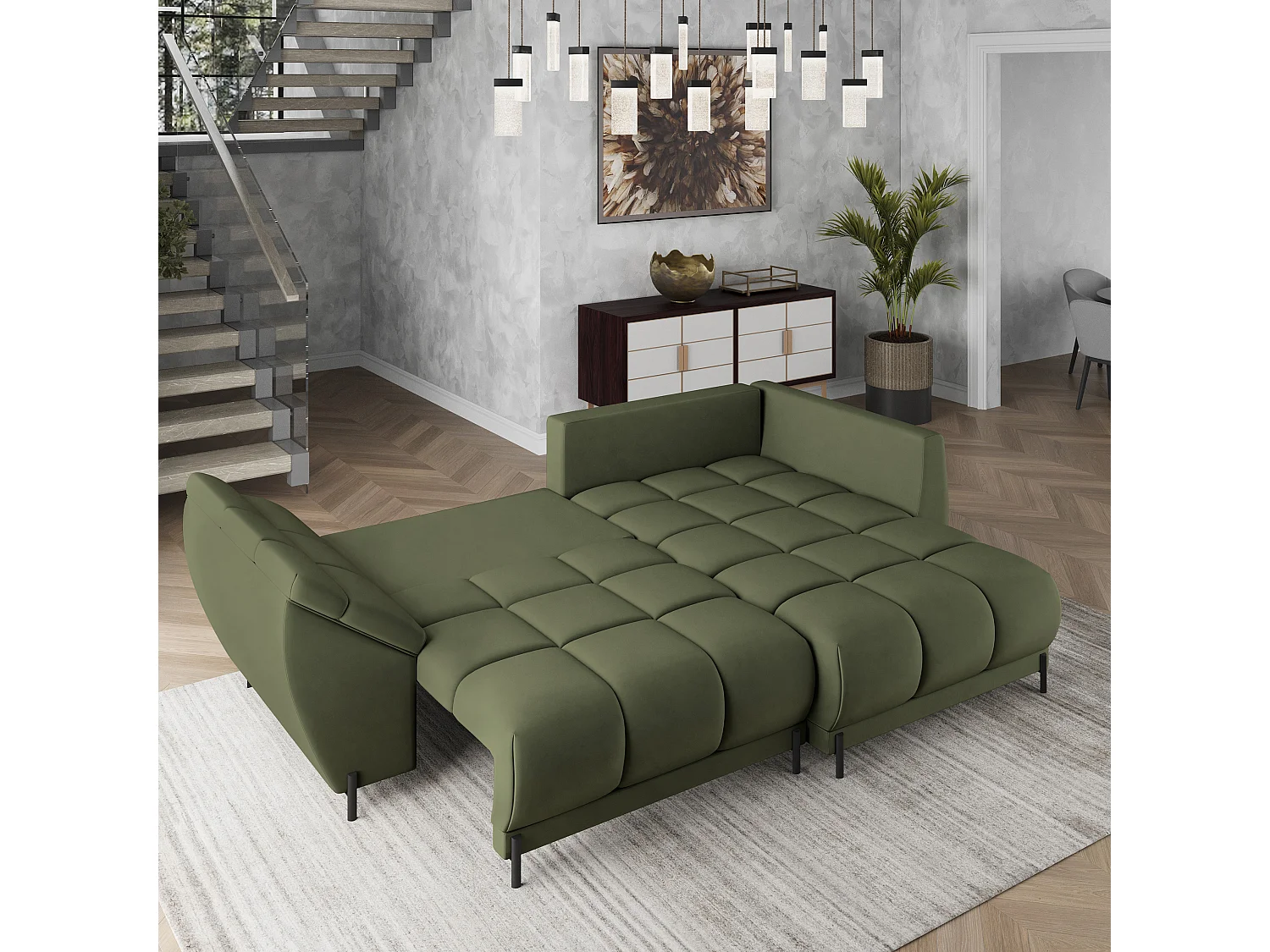 Canapé d'angle VESTANO en velours avec fonction couchage Vert