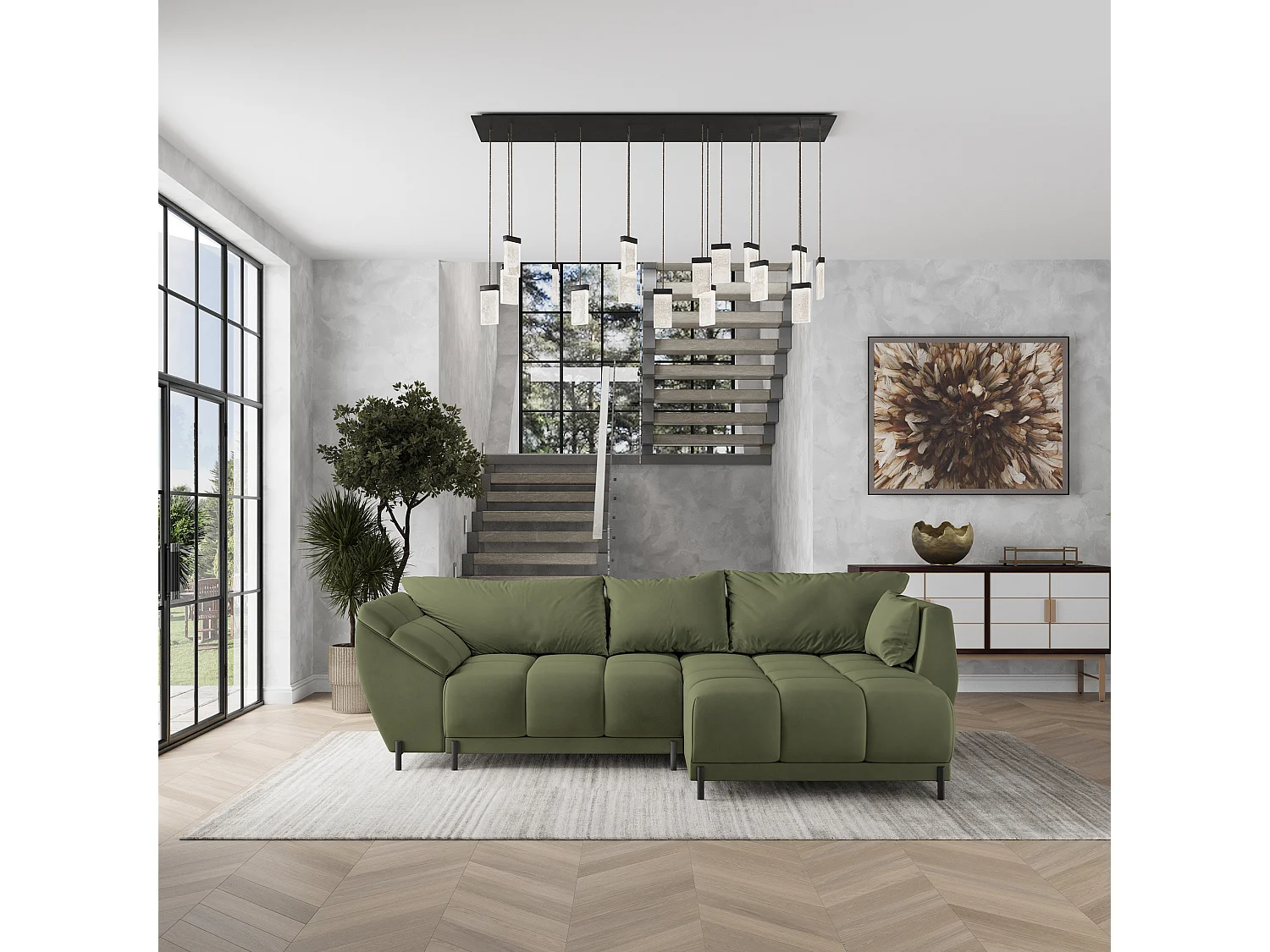 Canapé d'angle VESTANO en velours avec fonction couchage Vert