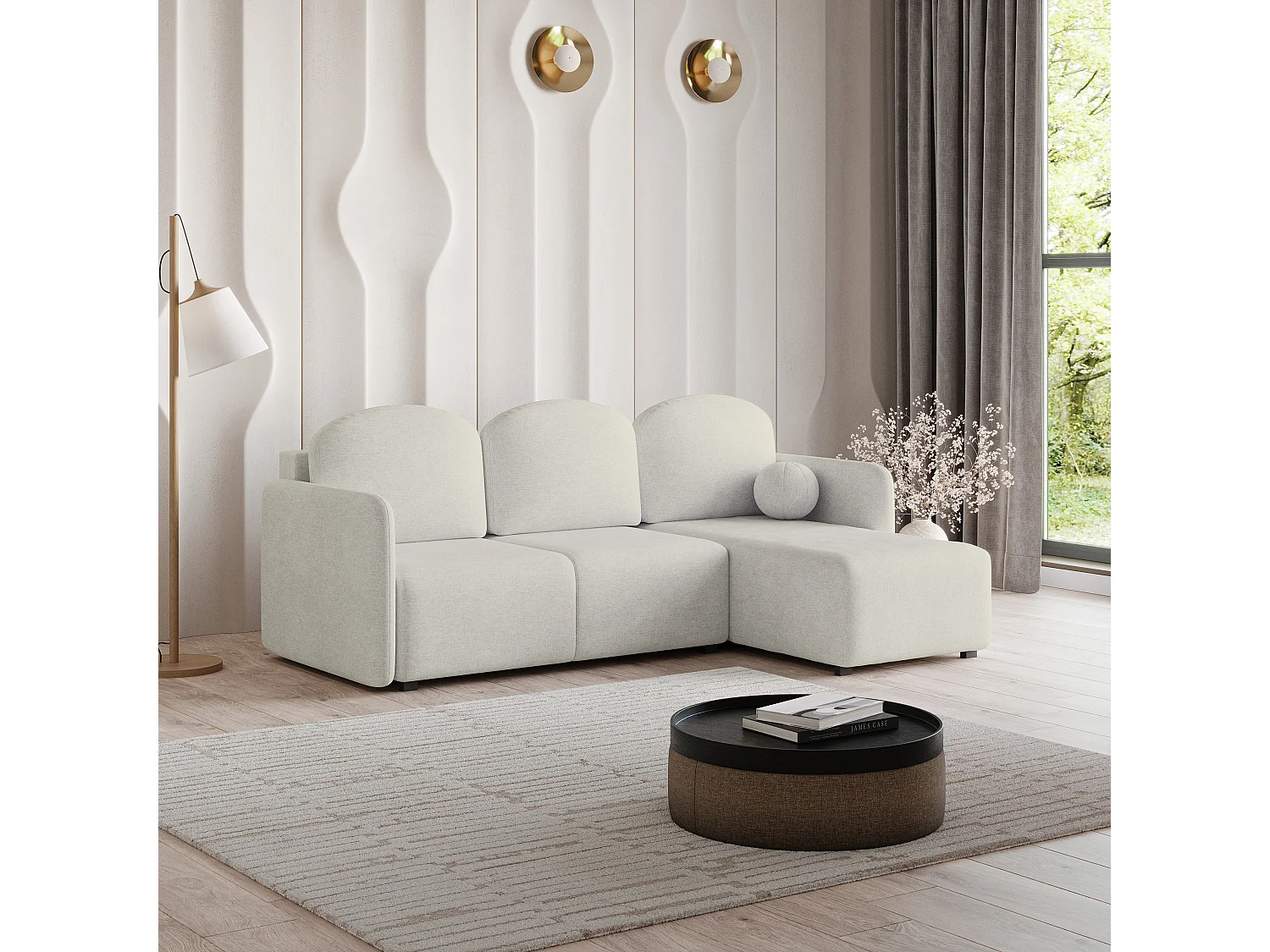 Hoekbank SUVINO van fluweel met slaapfunctie Creme