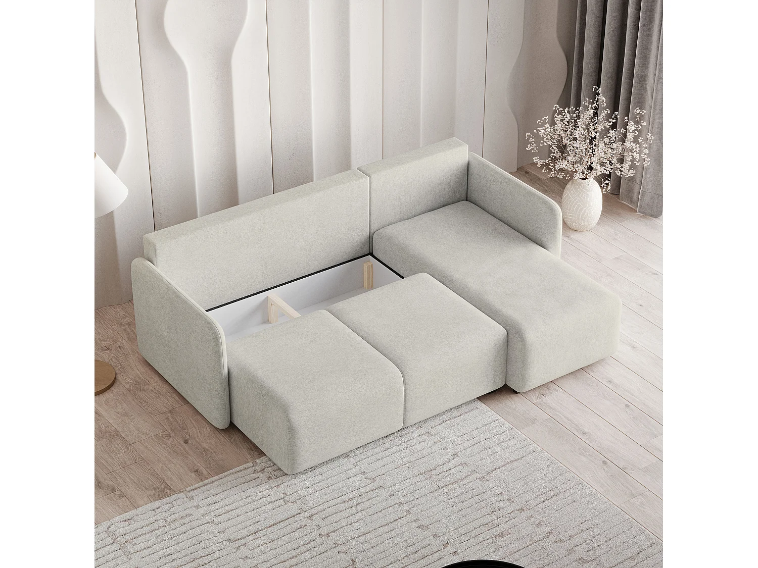 Hoekbank SUVINO van fluweel met slaapfunctie Creme