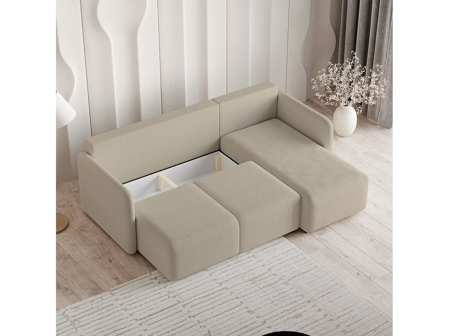 Canapé d'angle SUVINO en velours avec fonction couchage Beige