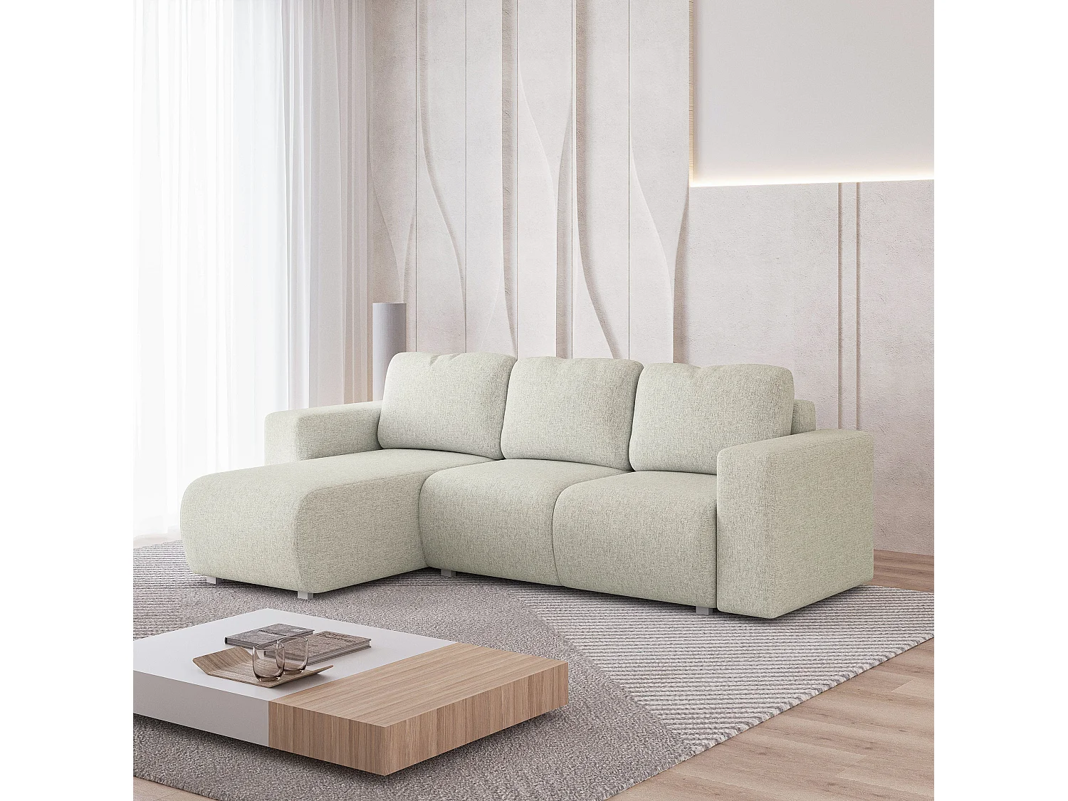 Canapé d'angle RINOVA en velours avec fonction couchage Crème