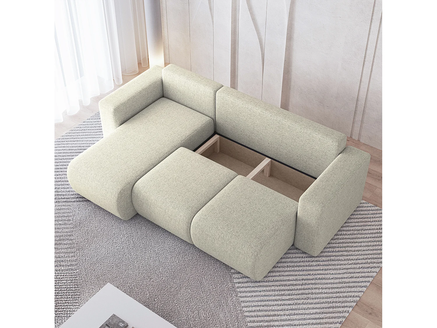 Canapé d'angle RINOVA en velours avec fonction couchage Crème