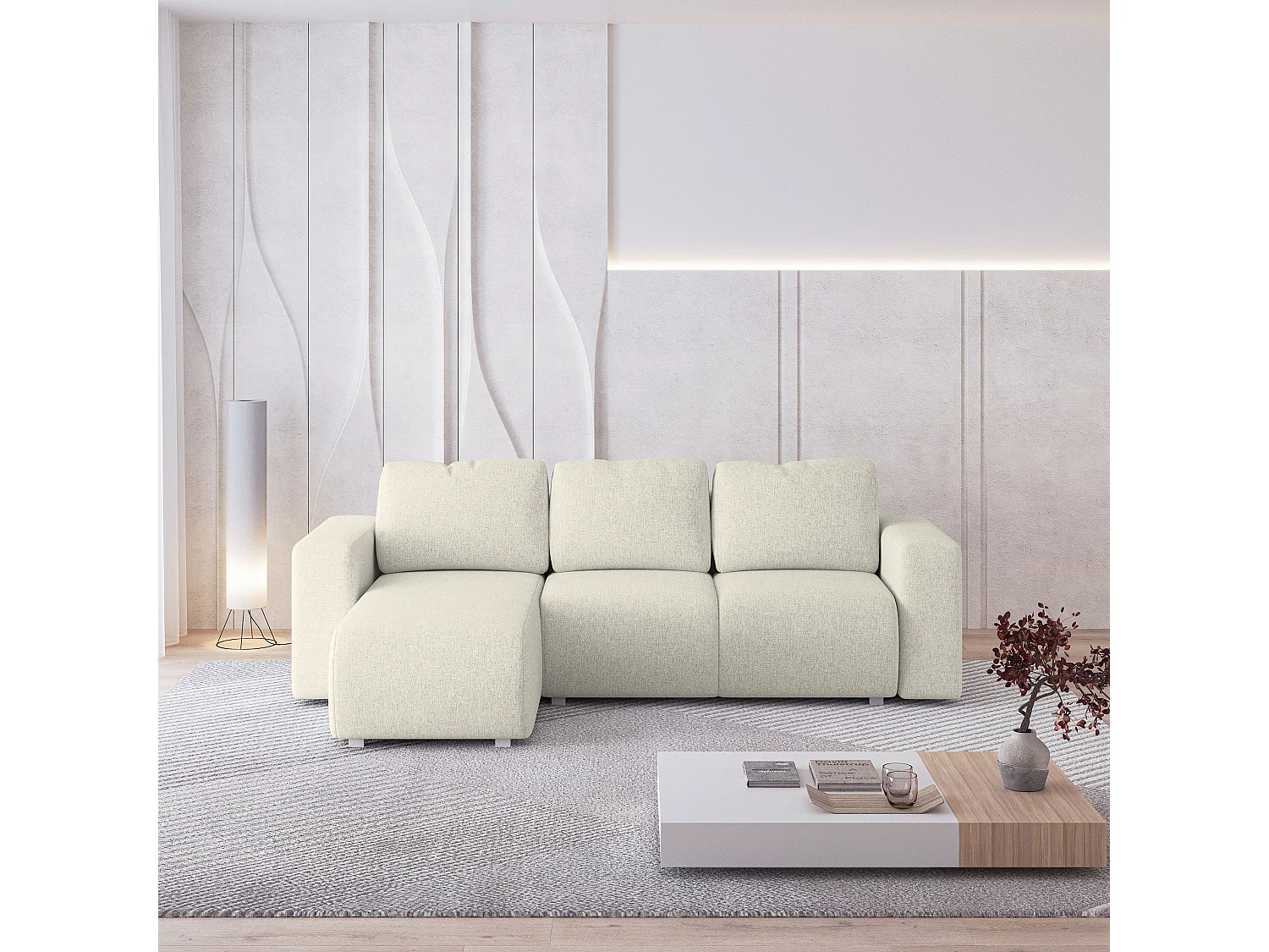 Canapé d'angle RINOVA en velours avec fonction couchage Crème
