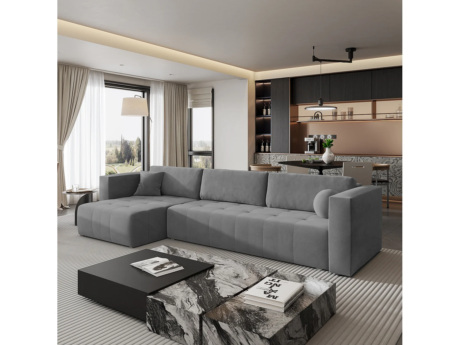 Canapé d'angle OLVERA en velours avec fonction couchage Gris