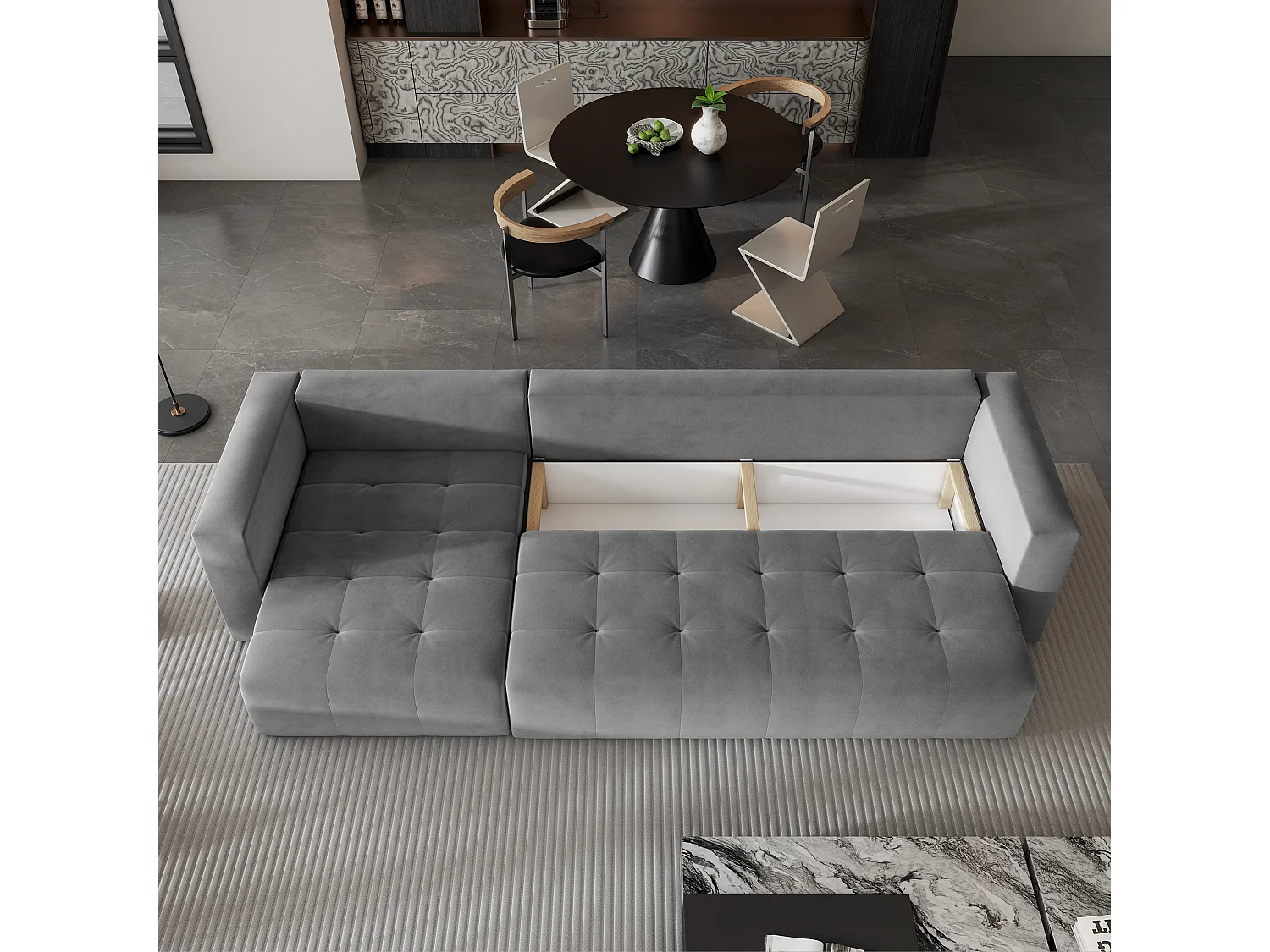 Canapé d'angle OLVERA en velours avec fonction couchage Gris