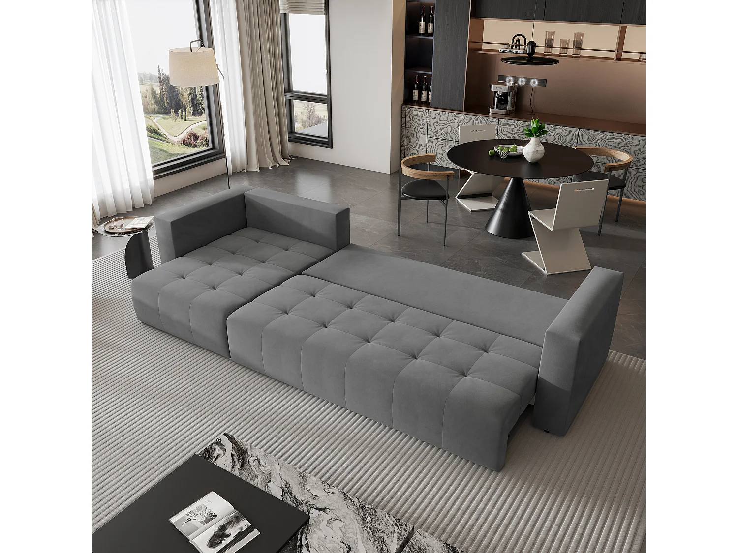 Canapé d'angle OLVERA en velours avec fonction couchage Gris