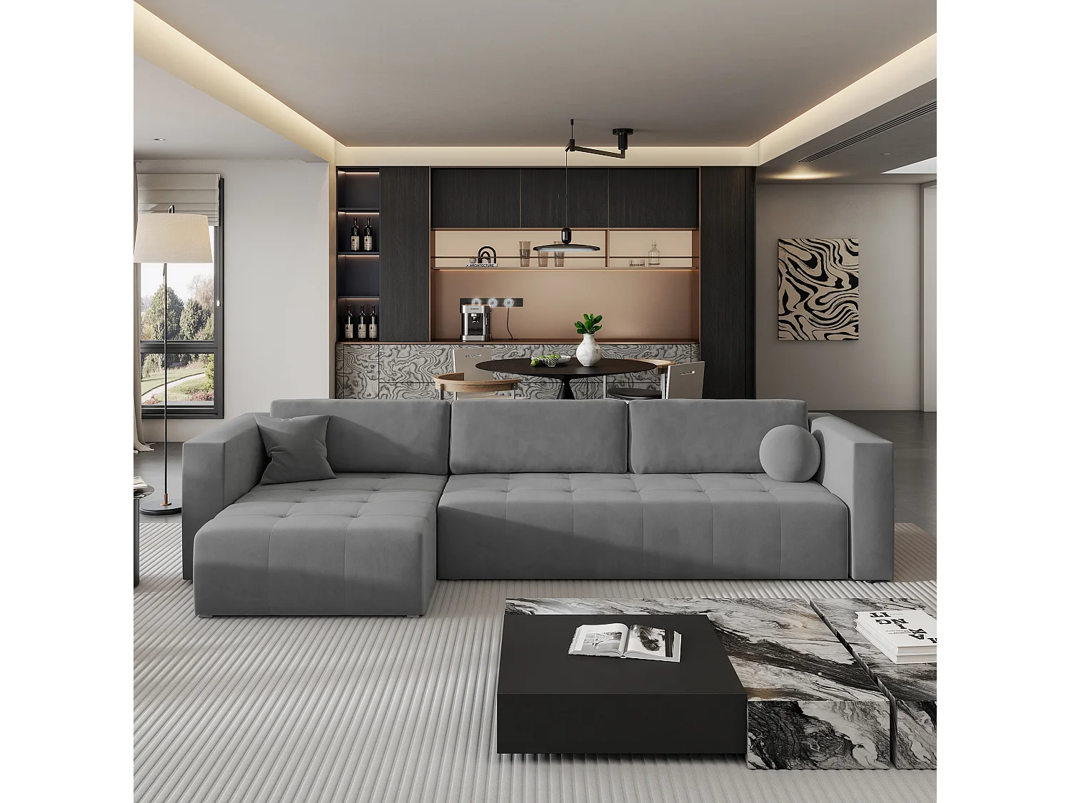 Canapé d'angle OLVERA en velours avec fonction couchage Gris