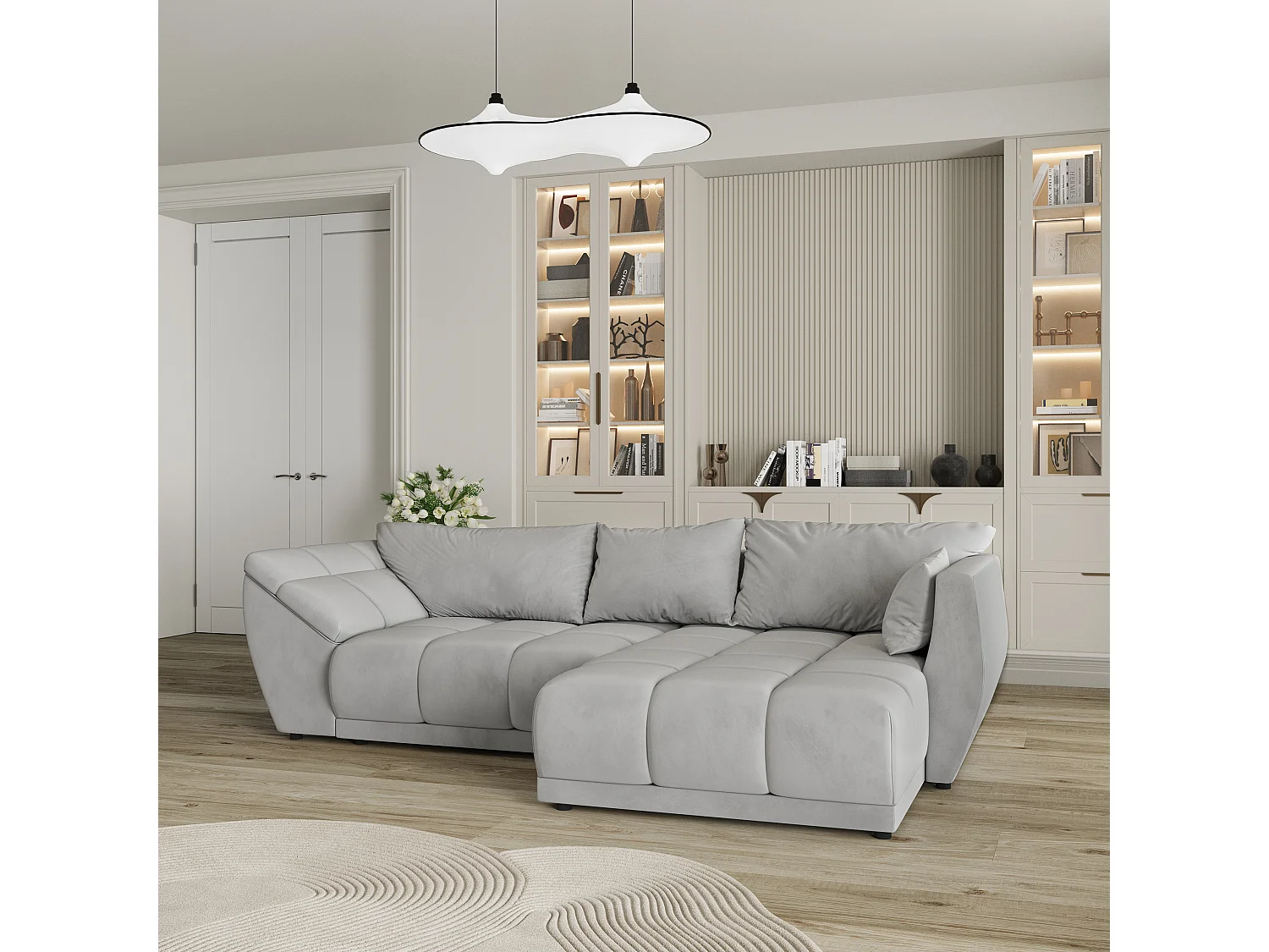 Canapé d'angle ORENTI en velours avec fonction couchage Gris clair