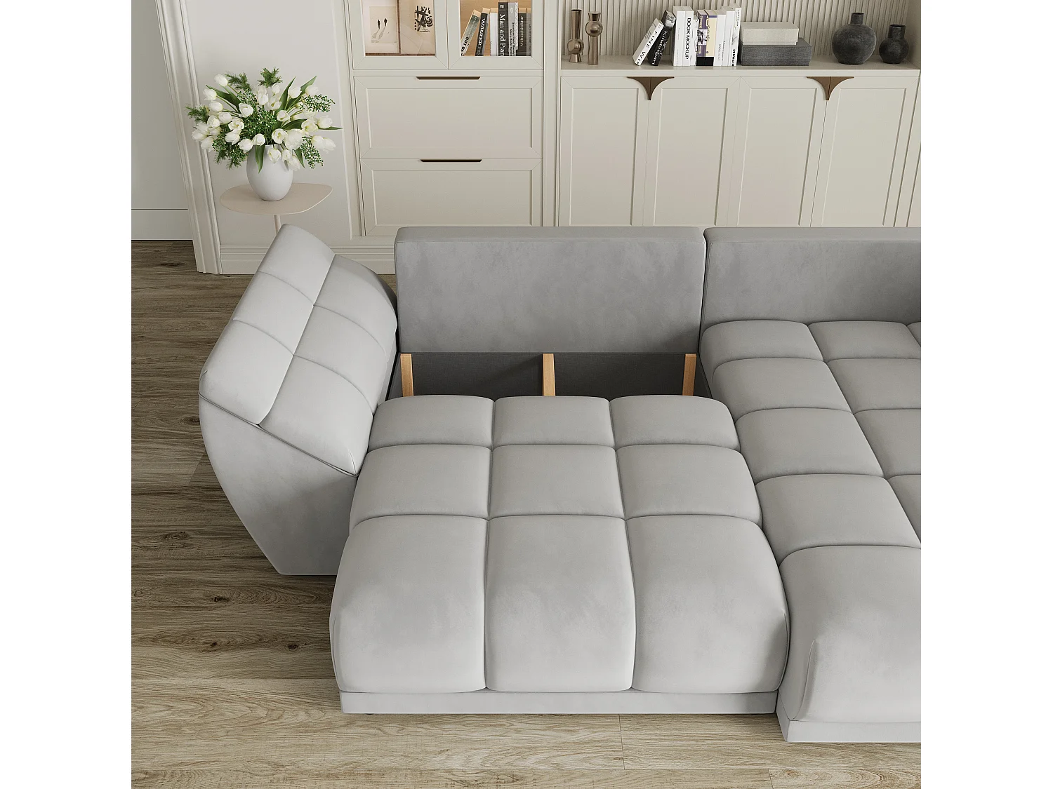 Canapé d'angle ORENTI en velours avec fonction couchage Gris clair