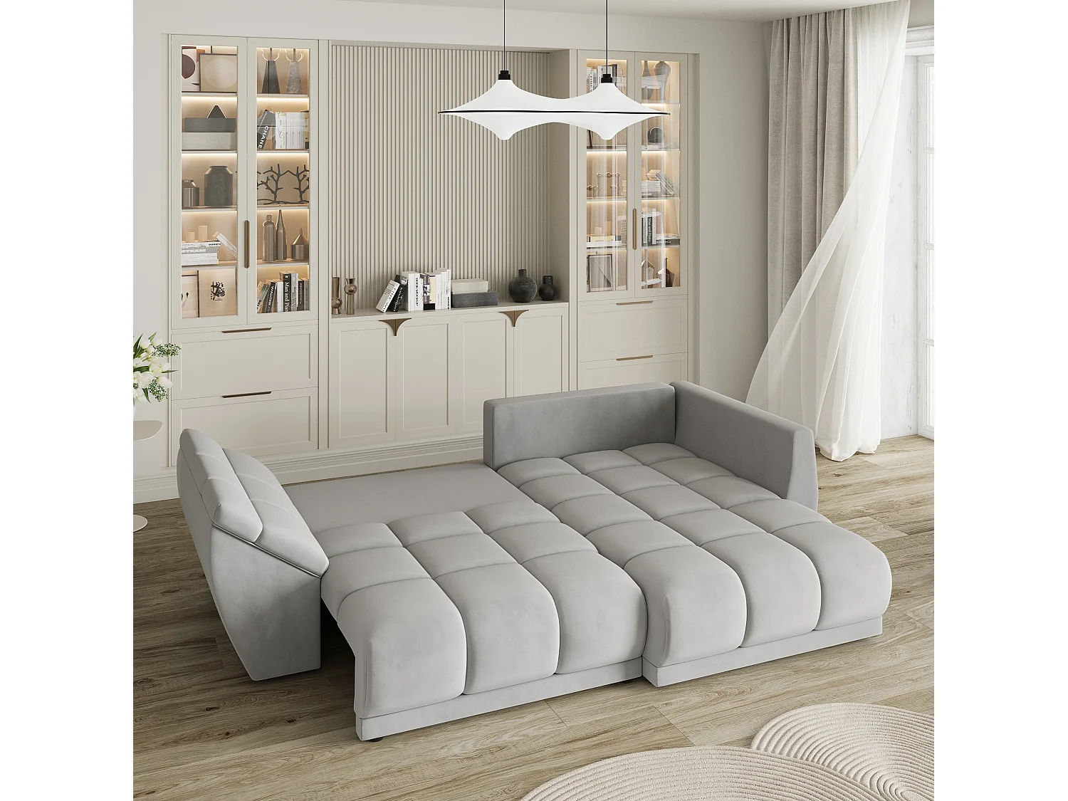 Canapé d'angle ORENTI en velours avec fonction couchage Gris clair
