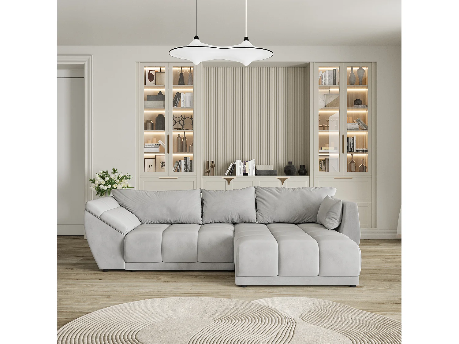 Canapé d'angle ORENTI en velours avec fonction couchage Gris clair