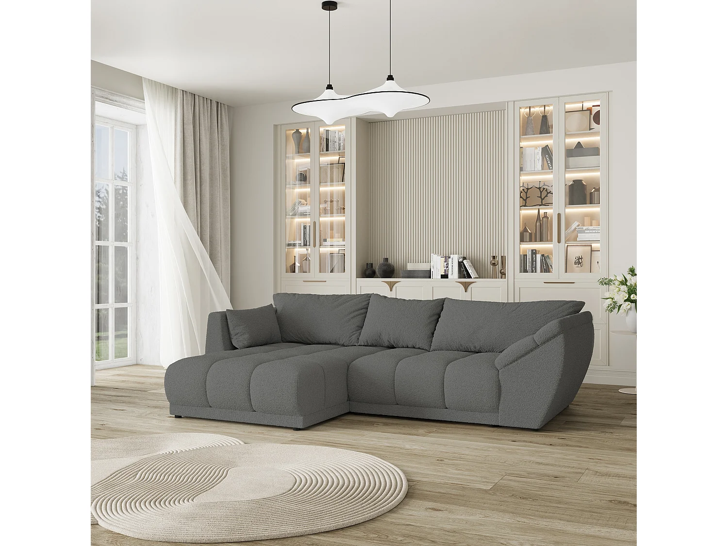 Canapé d'angle ORENTI en velours avec fonction couchage Gris
