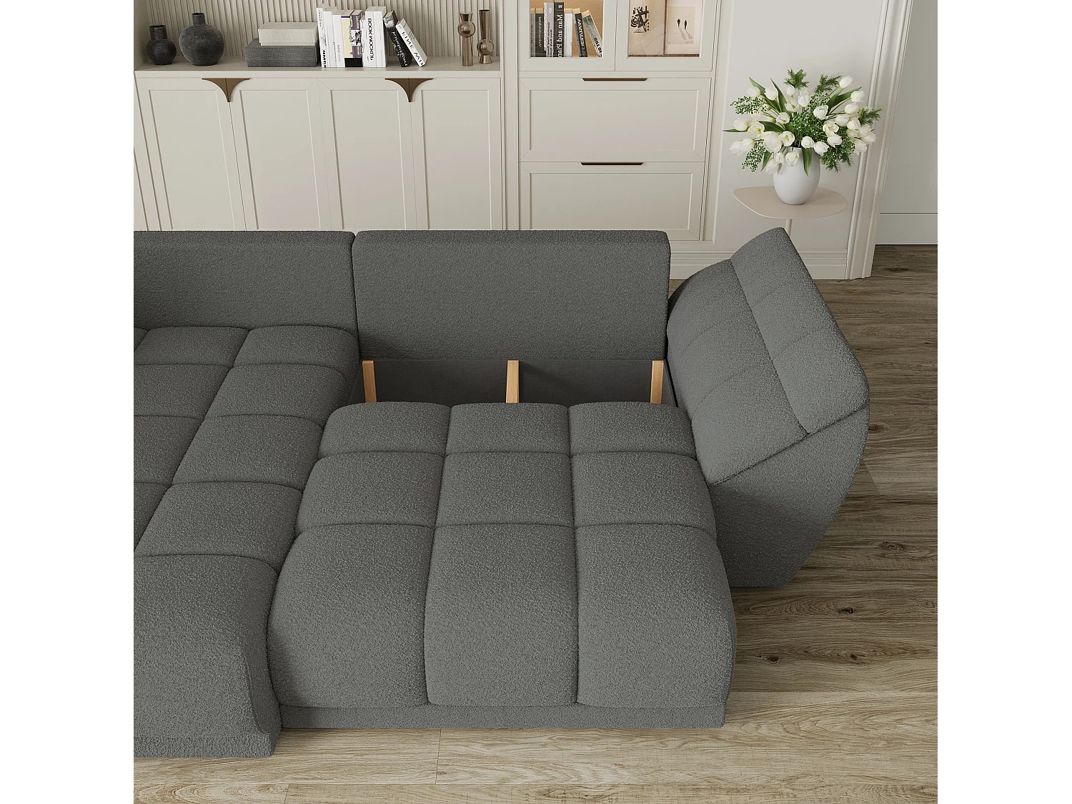Canapé d'angle ORENTI en velours avec fonction couchage Gris