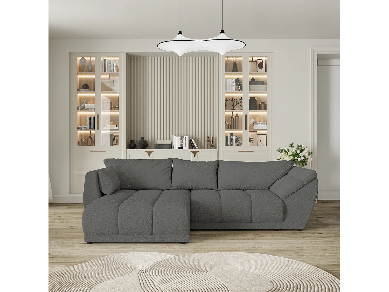 Canapé d'angle ORENTI en velours avec fonction couchage Gris