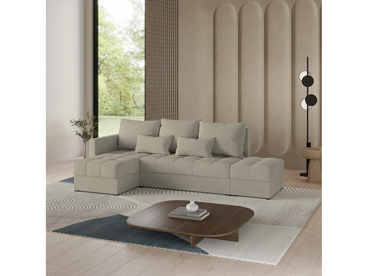 Canapé d'angle LUMARI en velours avec fonction couchage Beige